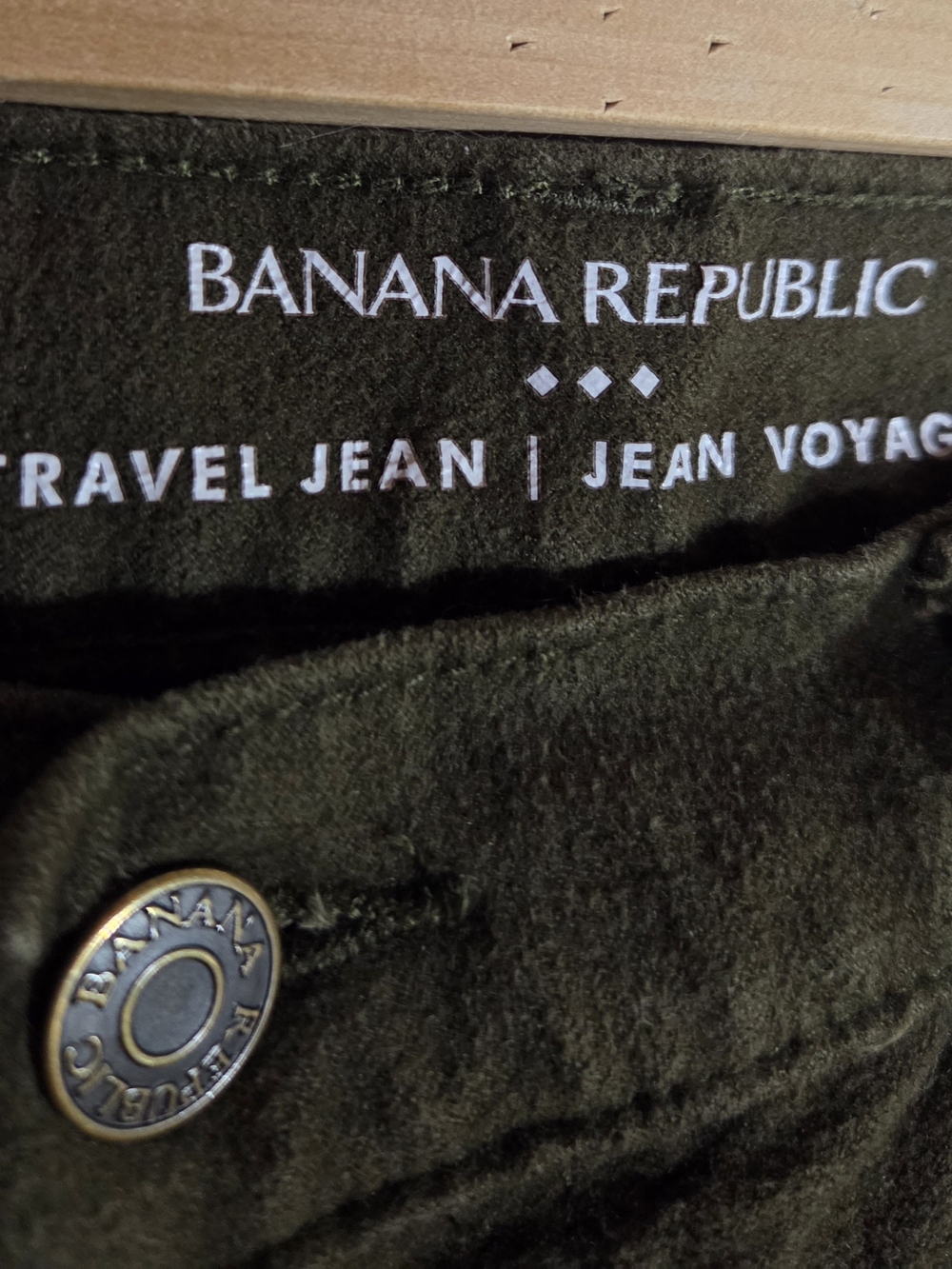 Banana Republic Slim Travel Jeans in Dark Olive Green. Stretchy And Soft
